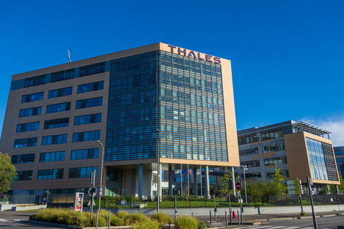 VELIZY-VILLACOUBLAY, FRANCE - OCTOBER 3, 2020: Facade of the building of Thales Global Services, subsidiary of Thales, electronics group specializing in aerospace, defense, security and land transport