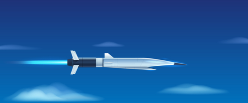 Flying hypersonic missile in the blue sky with clouds. Vector illustration.