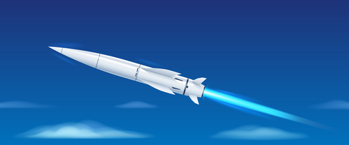 Hypersonic missile in the blue sky with clouds. Missile in a diagonal direction with flame. Vector illustration.