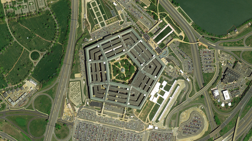Pentagon in Washington building looking down aerial view from above, Birds eye view Pentagon, Washington, USA