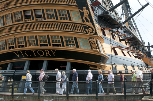 Visitors viewing HMS Victory in Portsmouth Historic Dockyard UK