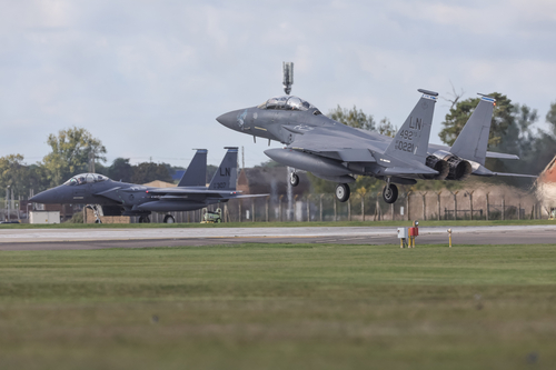 A USAF McDonnell Douglas F-15 Eagle comes in to land at RAF Lakenheath, Lakenheath, United Kingdom, 3rd October 202