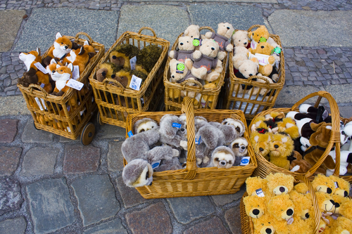 BERLIN, GERMANY - September 25, 2018: Plush bears - symbol of Berlin, on a heavily frequented by visitors street in Nikolaiviertel (Nicholas' Quarter) the Old Town of Berlin