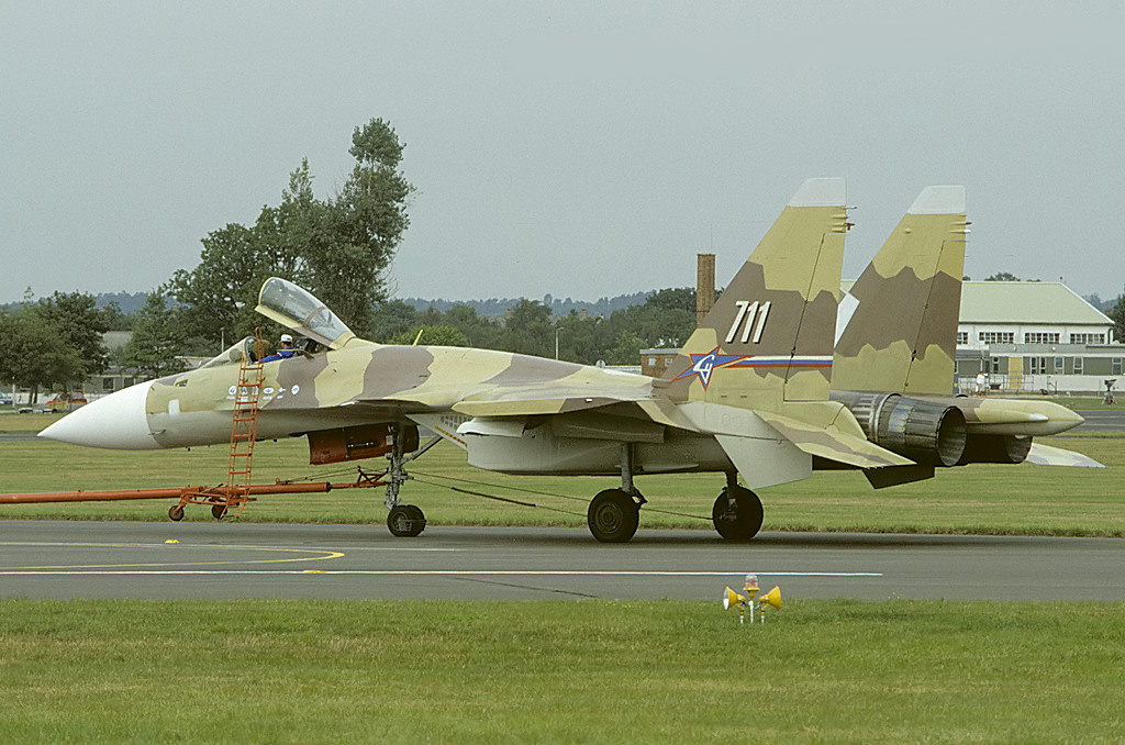 Sukhoi Su-37 multirole fighter technology demonstrator at Farnborough 1996 airshow