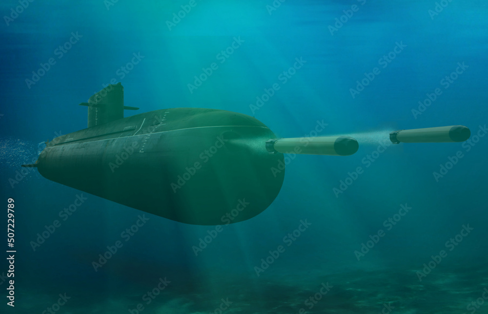 3D rendering submarine submerge underwater firing torpedoes in the open sea