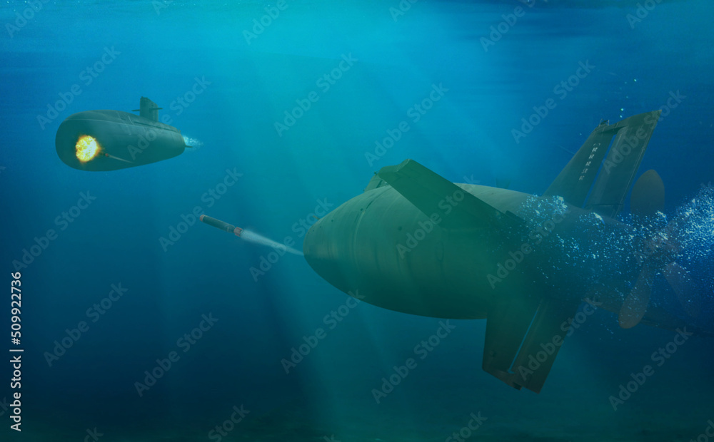 3D rendering submarine firing torpedoes to enemy submarine