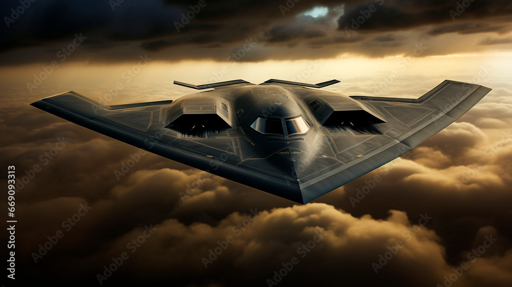 the flight of a B-21 Raider supersonic airplane in the sky above the clouds. Generative AI