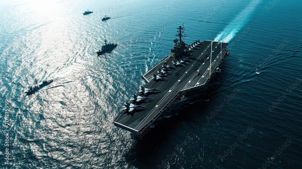Aerial view. The aircraft carrier accompanied by a squad ships.