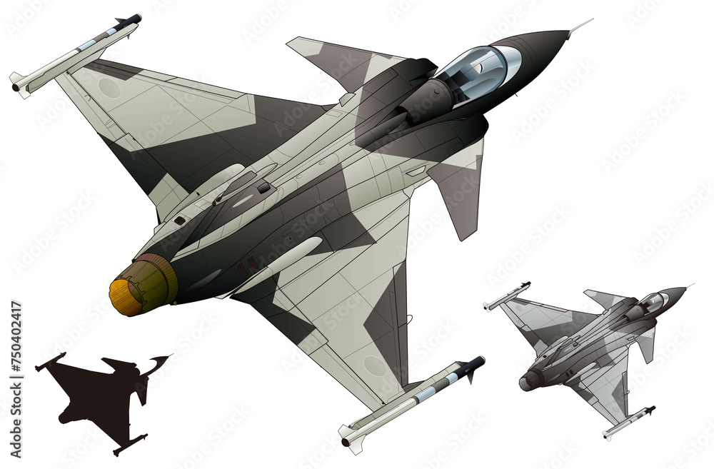 カナードとデルタ翼を持つ軽ジャット戦闘機サーブ 39 グリペン（現代風迷彩塗装・モノクロ・シルエット）