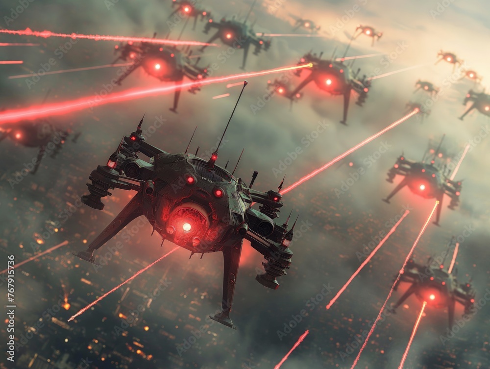 Swarm of military drones with red targeting lasers flying above cityscape.
