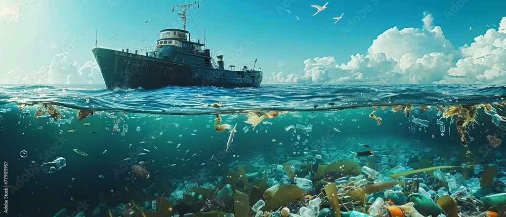 A futuristic scene where autonomous ships collect and recycle trash in the ocean, turning waste into beautiful glass bottles