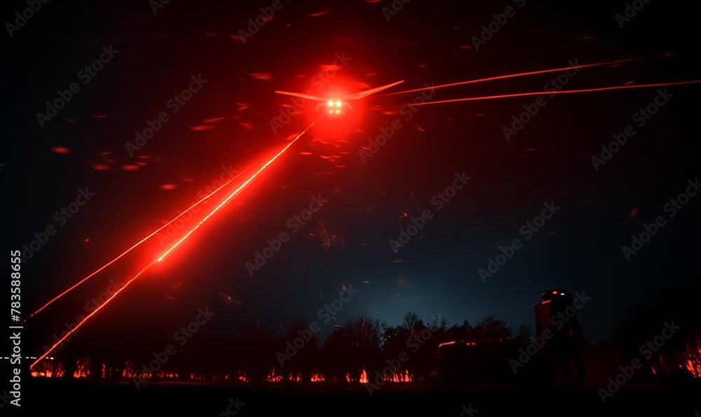 The laser beam hits the drone. The drone explodes. Concept of the latest weapon for fighting drones. Ukraine and Russia at war