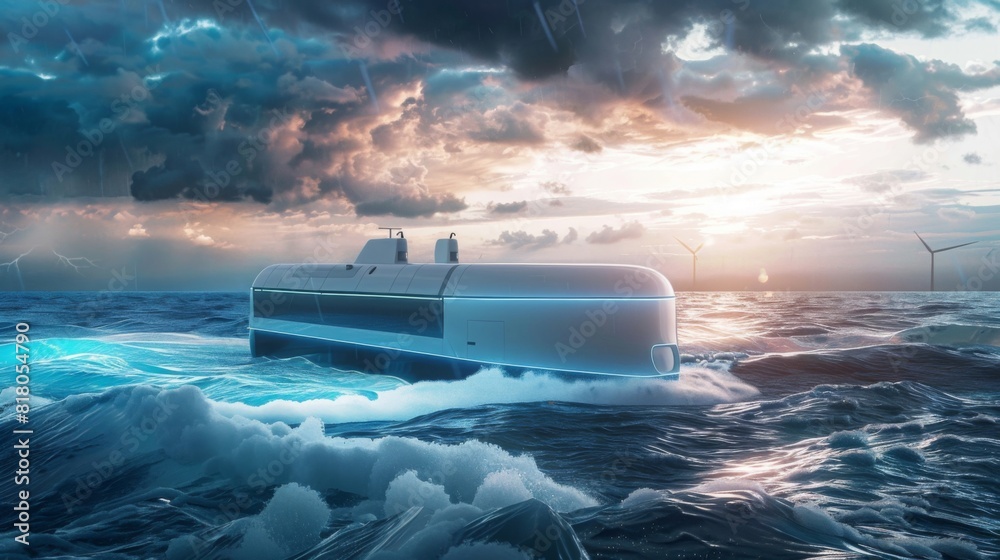 Render a futuristic scene of an unmanned cargo vessel sailing confidently through stormy seas, guided by advanced AI and sensor technologies, symbolizing the dawn of autonomous shipping --ar 16:9