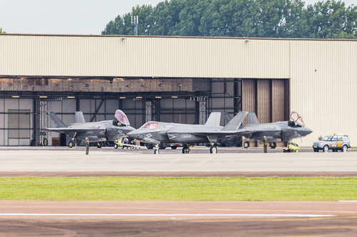 Trio of F-35 Lightning's exit a hangar